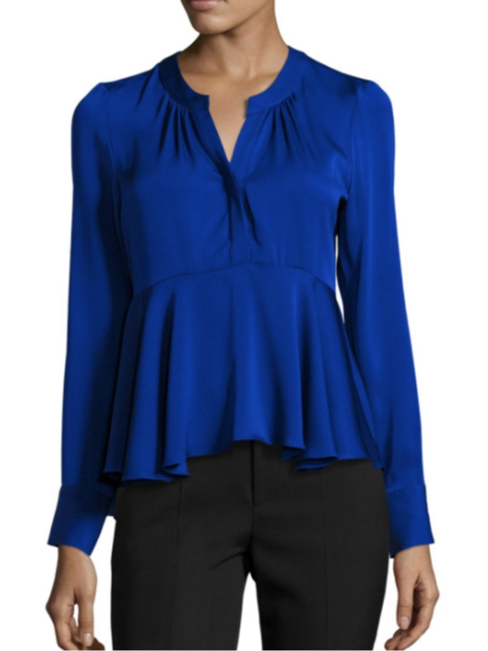 Milly Silk Cobalt Blue Long-Sleeve V-Neck shirt top peplum Blouse size 6